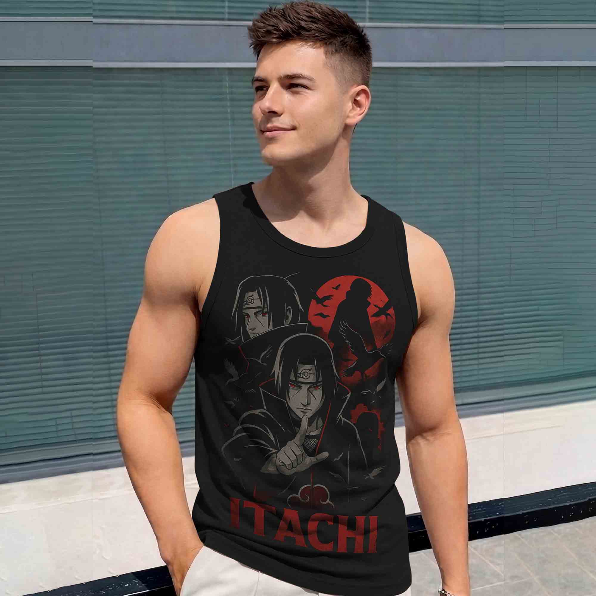 Men Scoop Neck 'ITACHI' Printed Vest Black