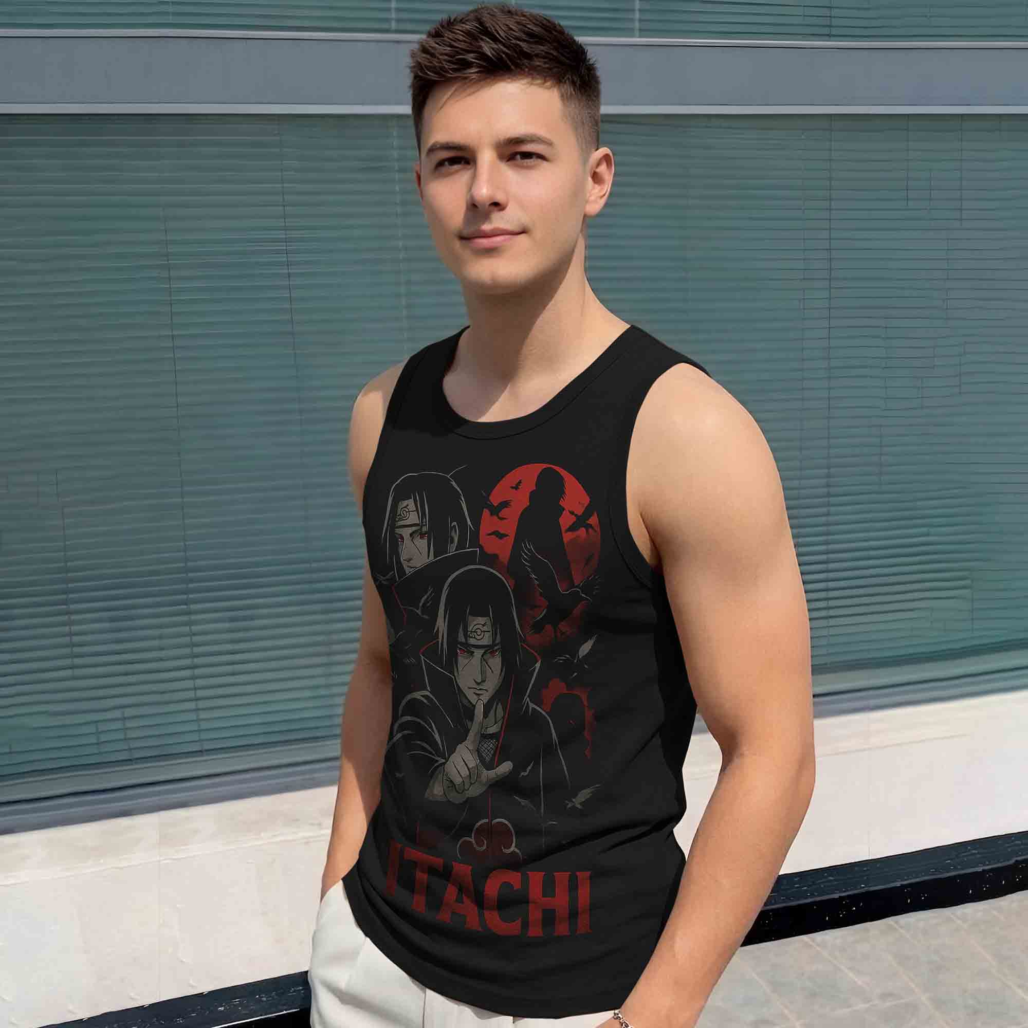 Men Scoop Neck 'ITACHI' Printed Vest Black