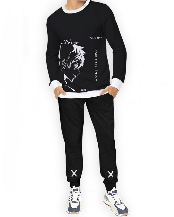 Anime Printed Full Sleeve T-shirt with Black Trackpant Tracksuit