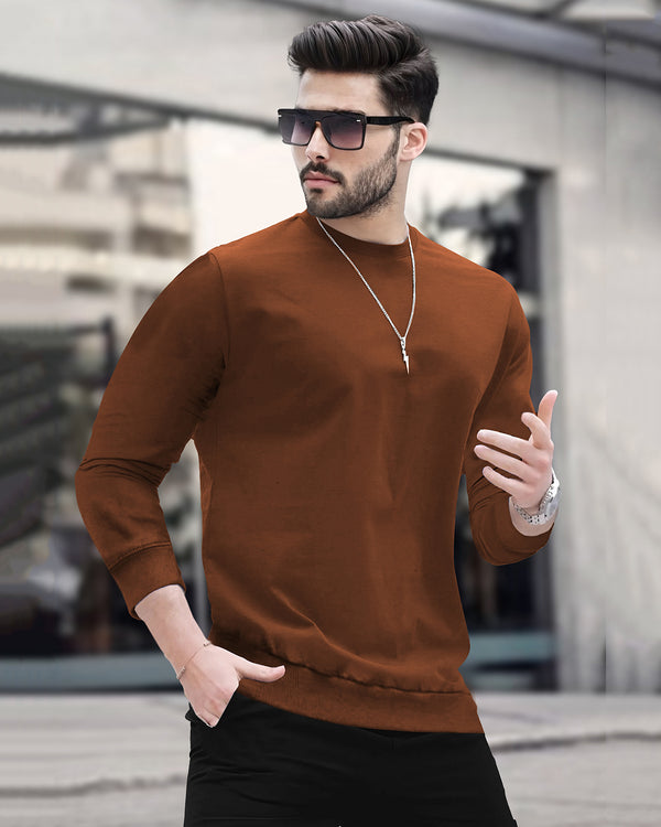 Mens Round Neck Full Sleeve Plain Brown T-shirt