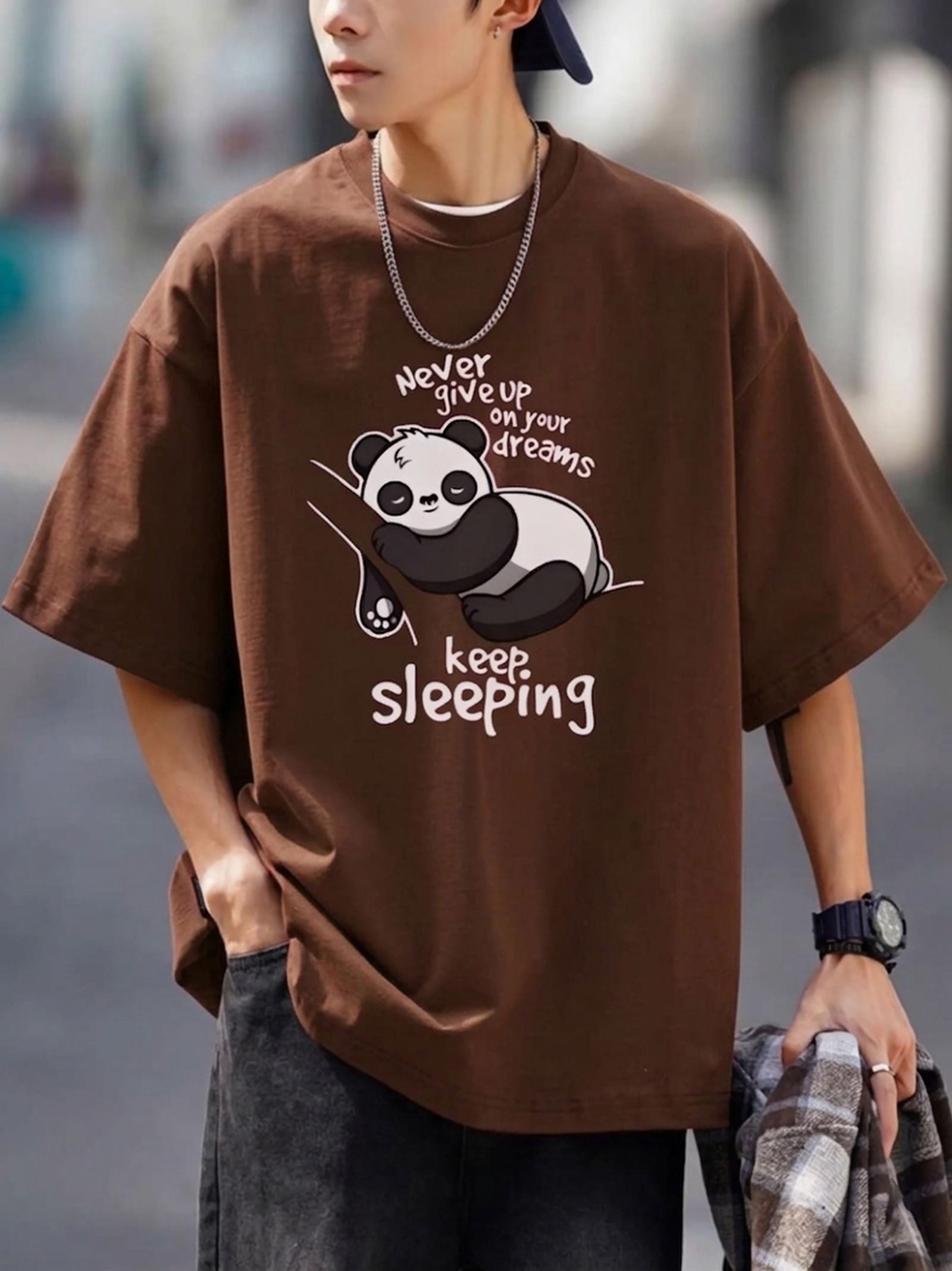 Mens Loose Fit Graphic T-Shirt with Cute Panda Print Brown