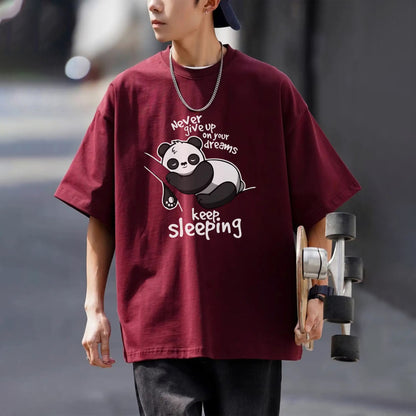 Mens Loose Fit Graphic T-Shirt with Cute Panda Print Brown