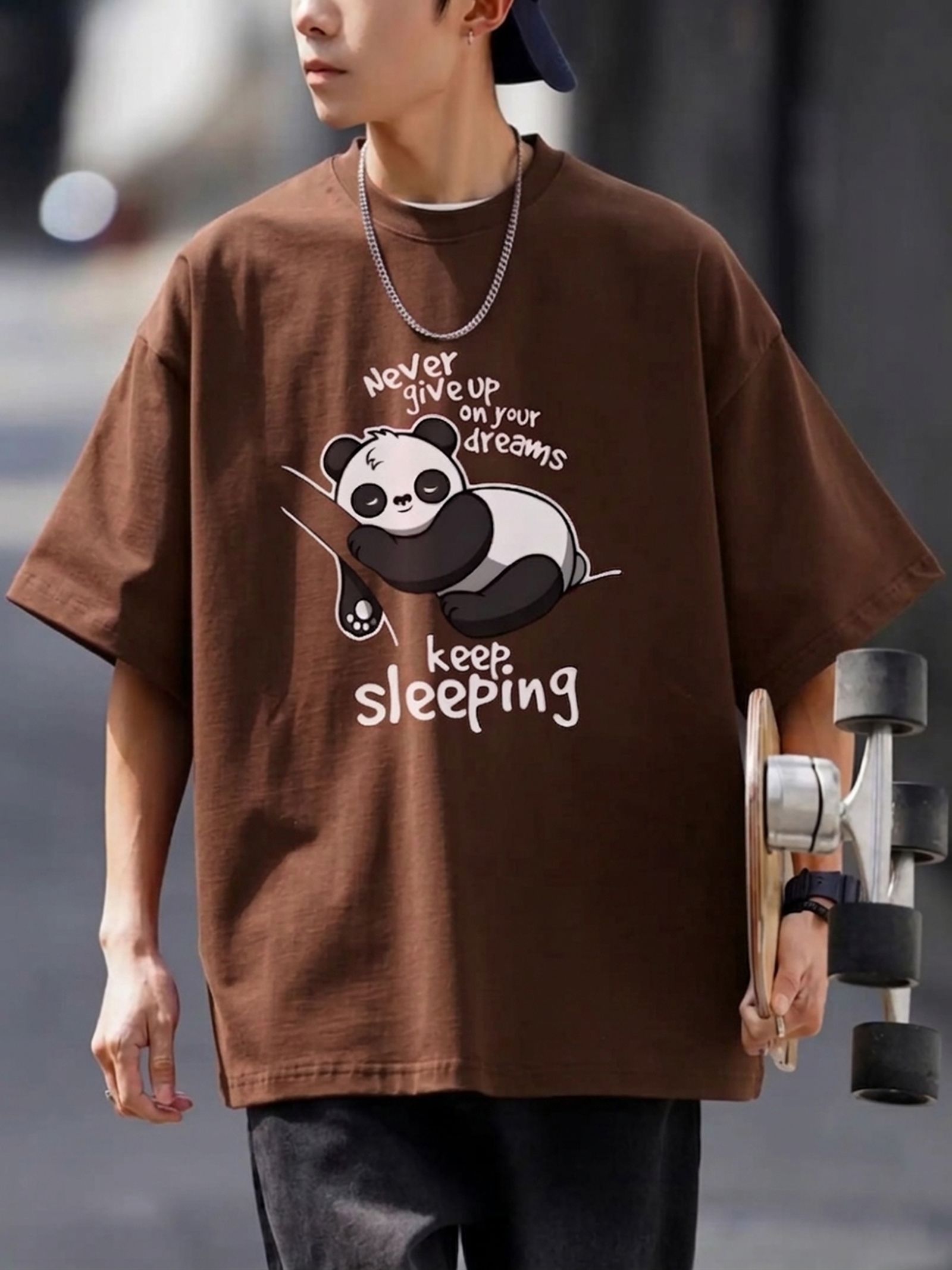 Mens Loose Fit Graphic T-Shirt with Cute Panda Print Brown