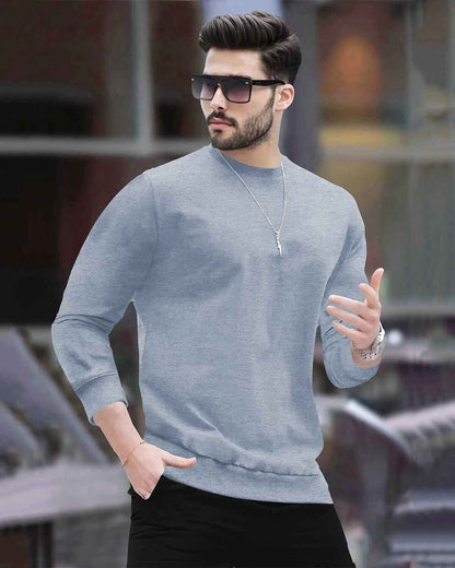 Mens Round Neck Full Sleeve Plain T-shirt Blue Melange