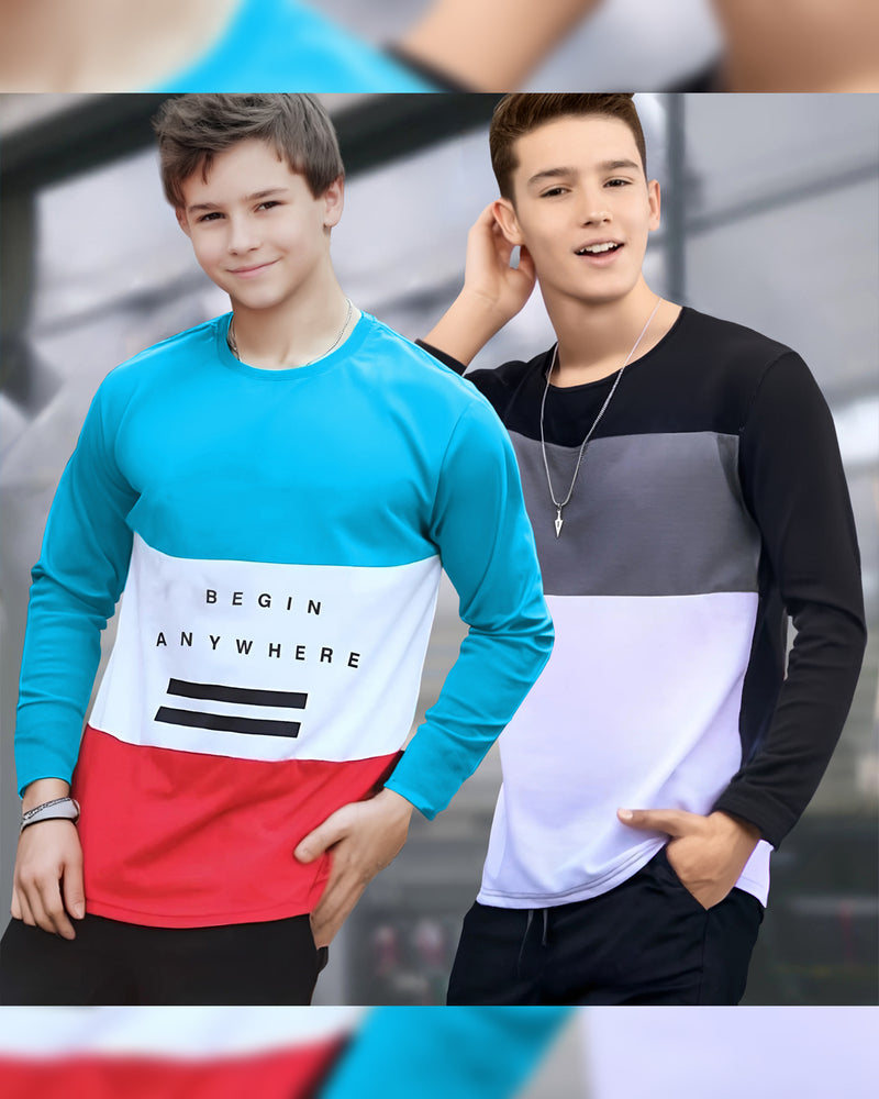 (Pack off 2) Kids Round Neck Full Sleeve T-Shirts | Sky Blue & Black