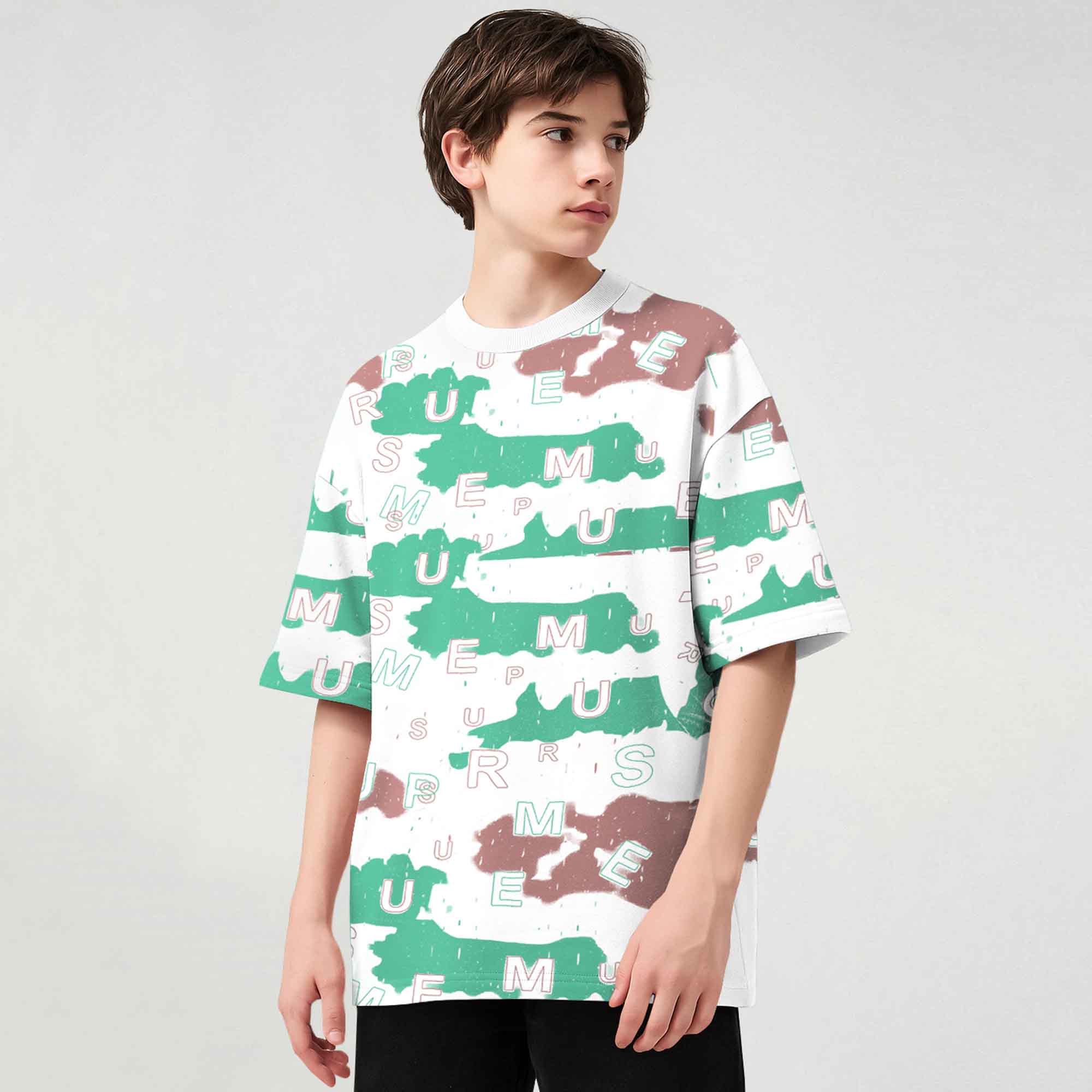 Boys White Printed Loose Fit Baggy T-shirt