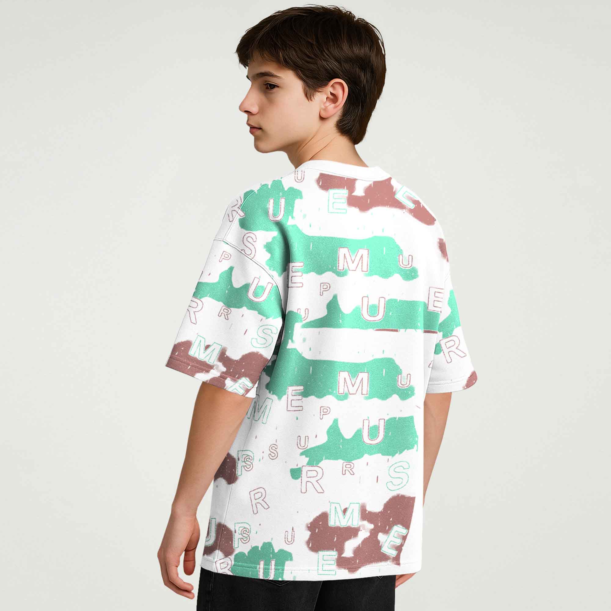 Boys White Printed Loose Fit Baggy T-shirt