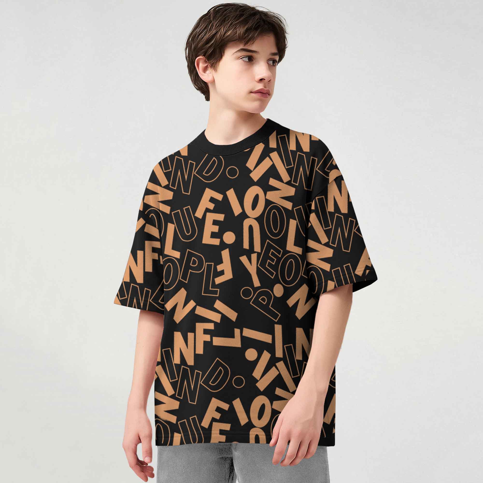 Boys All Over Printed Loose Fit Baggy T-shirt Black