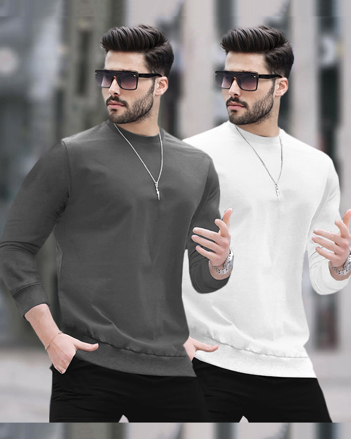 Mens Round Neck Full Sleeve Plain Dark Grey & White T-shirts (Pack Of 2)