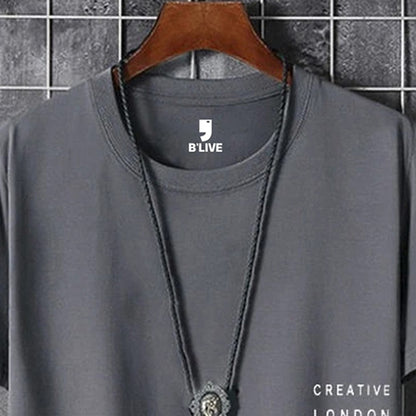 Men Simple Print Half Sleeve T-shirt Dark Grey