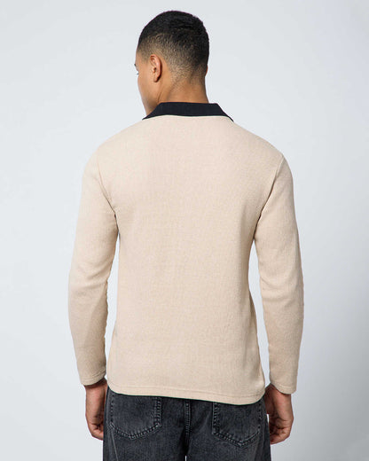 Men’s Waffle Textured White Full Sleeve Polo T-Shirt with Quarter Zip Neck - Contrast Collar