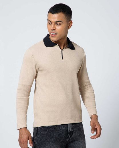 Men’s Waffle Textured White Full Sleeve Polo T-Shirt with Quarter Zip Neck - Contrast Collar