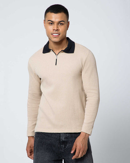 Men’s Waffle Textured White Full Sleeve Polo T-Shirt with Quarter Zip Neck - Contrast Collar