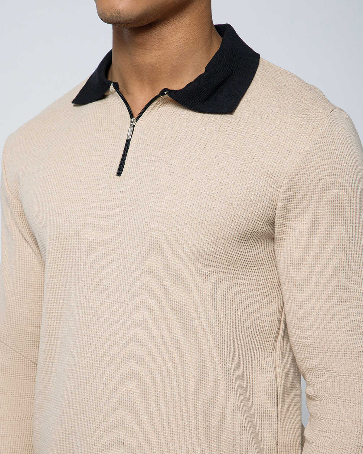 Men’s Waffle Textured White Full Sleeve Polo T-Shirt with Quarter Zip Neck - Contrast Collar