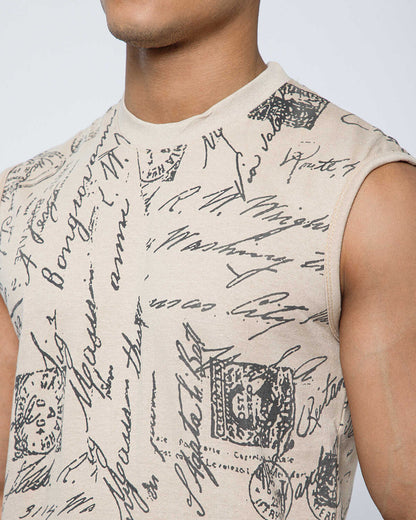 Men Casual Beige Printed Round Neck Vest