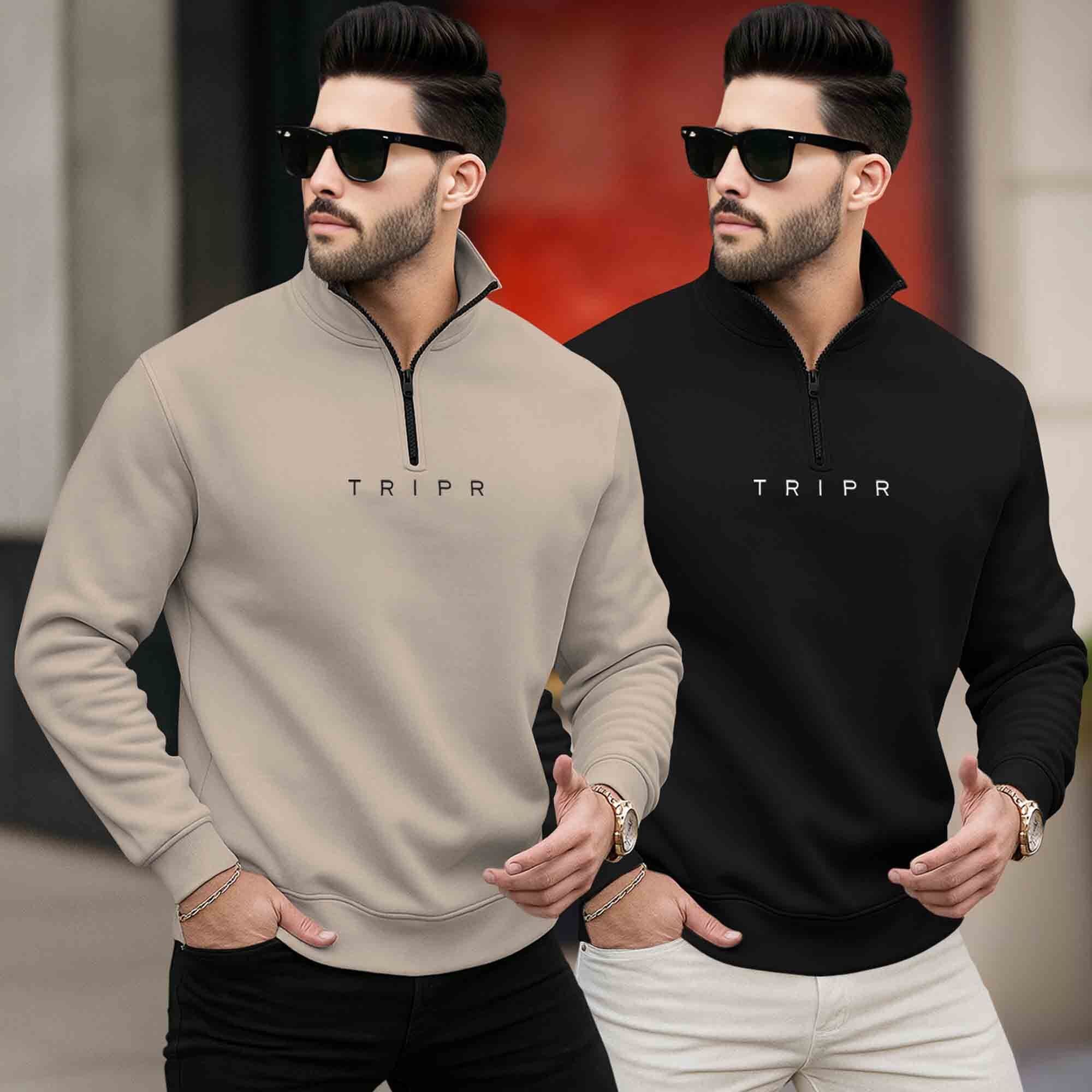 (Pack of 2) Mens Plain High Neck Sweatshirts / Beige & Black
