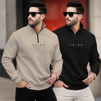 (Pack of 2) Mens Plain High Neck Sweatshirts / Beige & Black