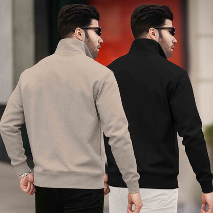 (Pack of 2) Mens Plain High Neck Sweatshirts / Beige & Black