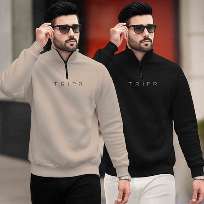 (Pack of 2) Mens Plain High Neck Sweatshirts / Beige & Black