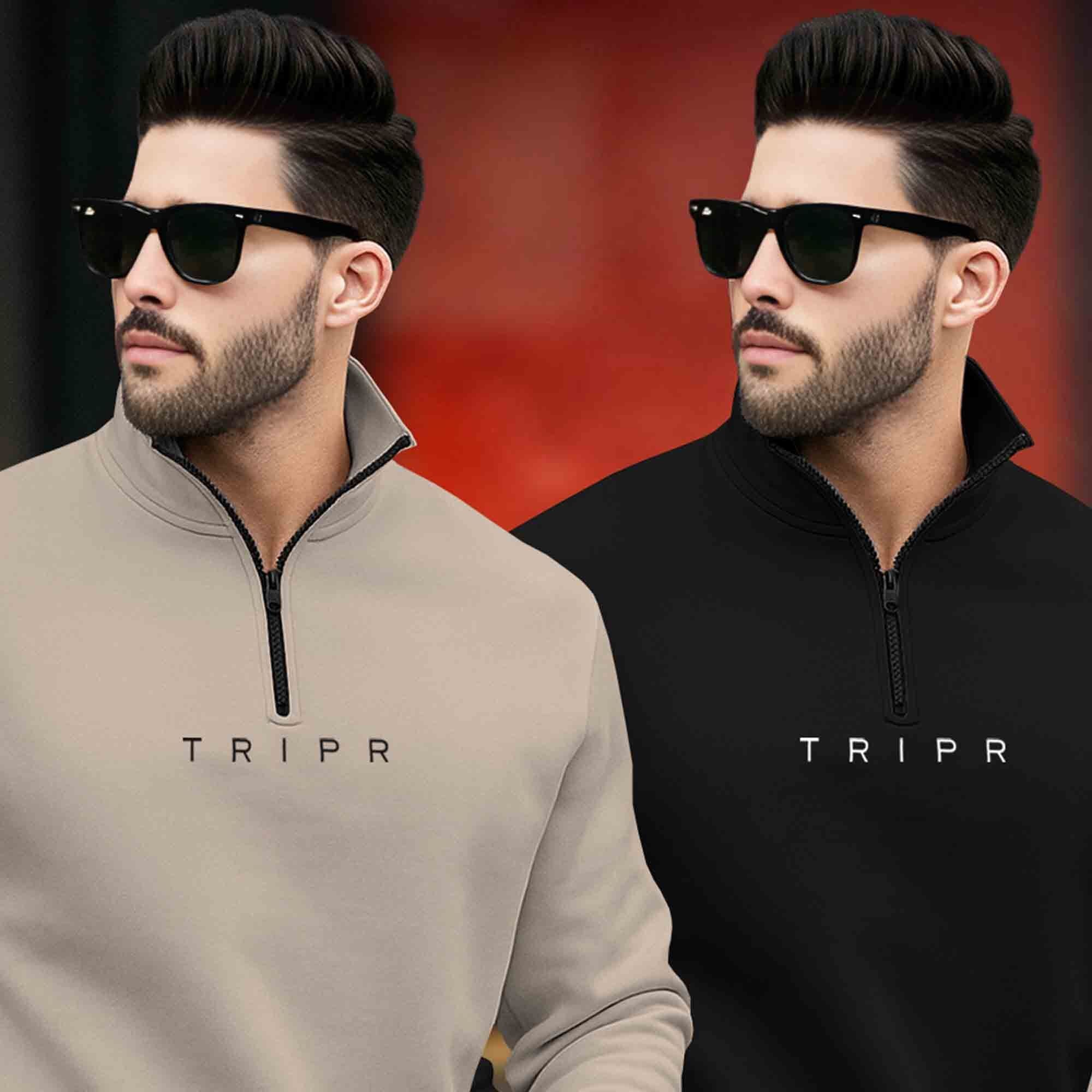 (Pack of 2) Mens Plain High Neck Sweatshirts / Beige & Black
