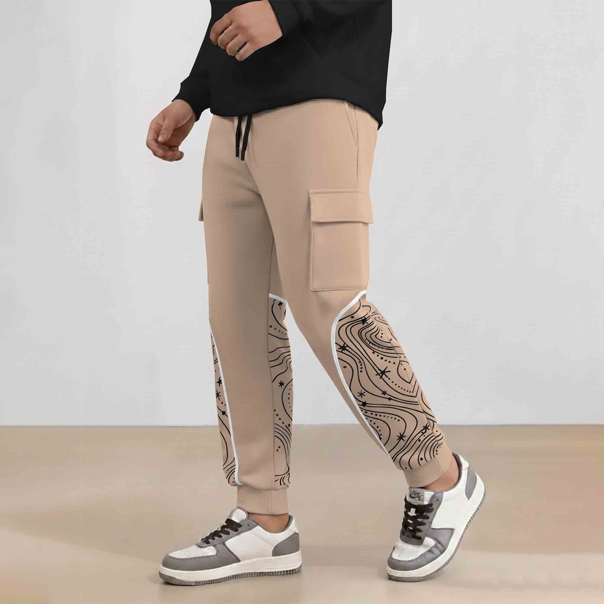 Designer Cargo Beige Jogger with Side Print Panel