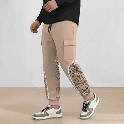 Designer Cargo Beige Jogger with Side Print Panel