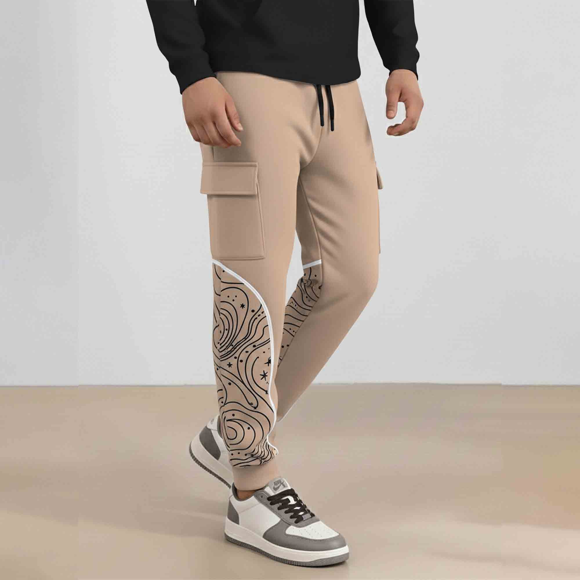 Designer Cargo Beige Jogger with Side Print Panel