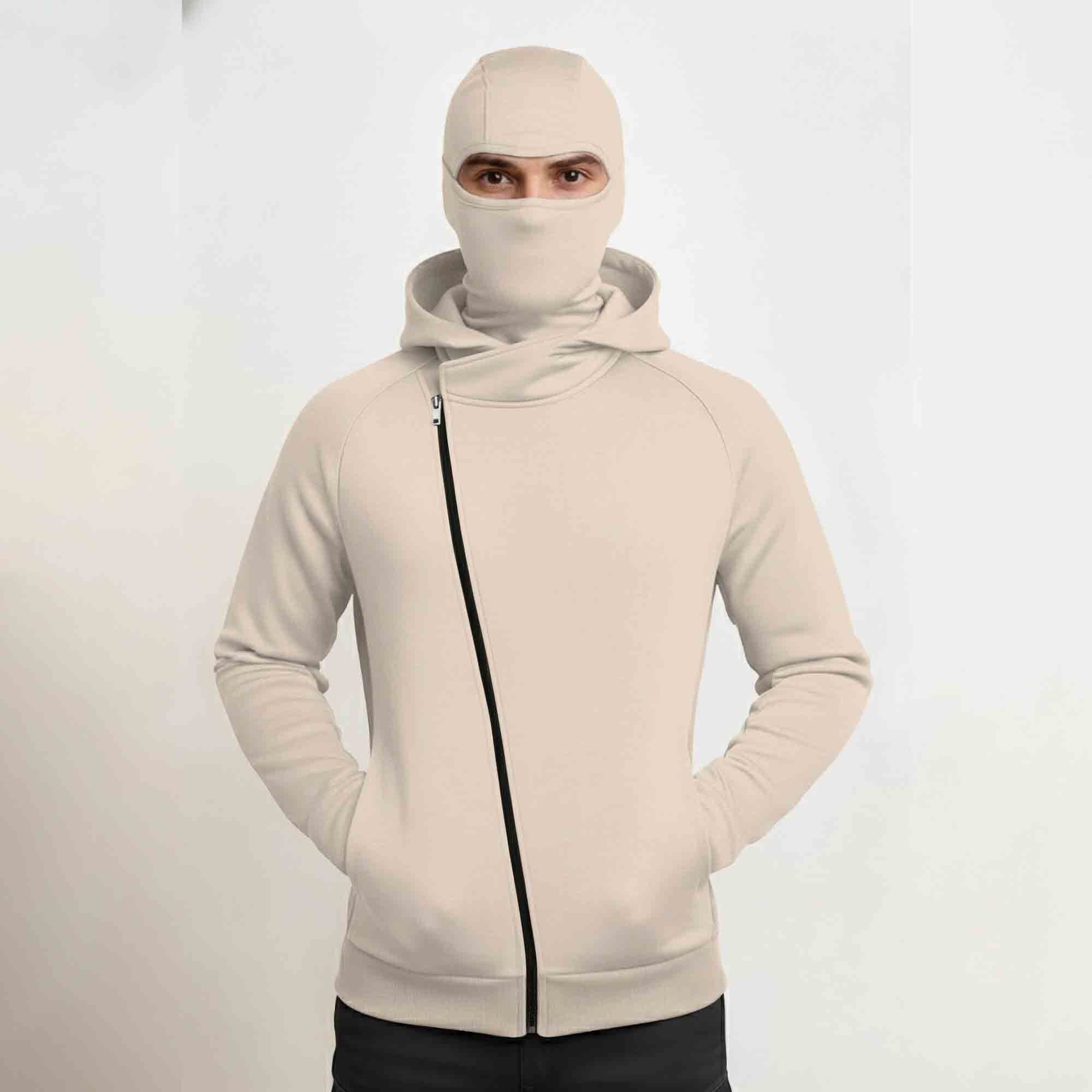 Mens Winter Full Mask Warm Cross Zip-Up Hooded Jacket Beige
