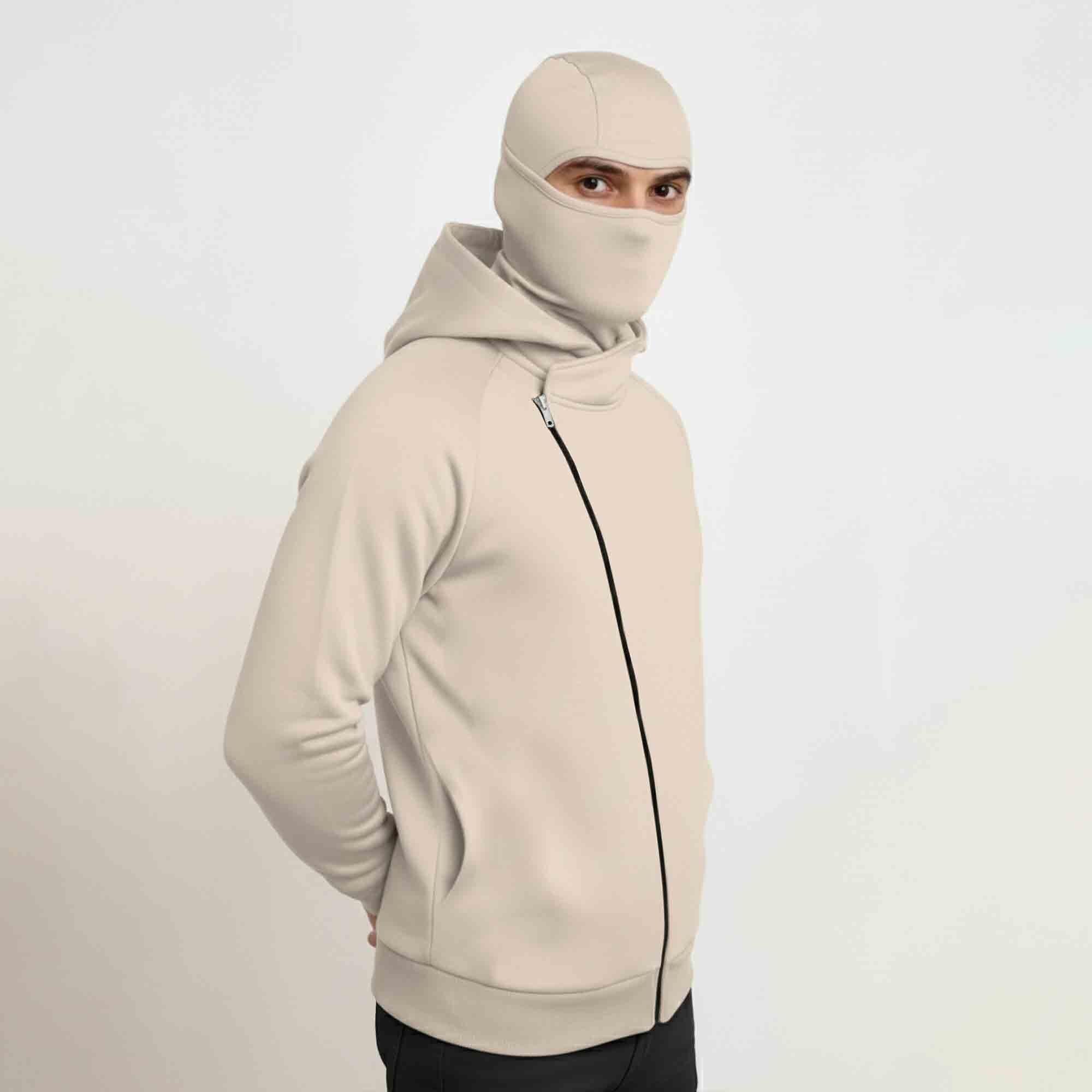 Mens Winter Full Mask Warm Cross Zip-Up Hooded Jacket Beige