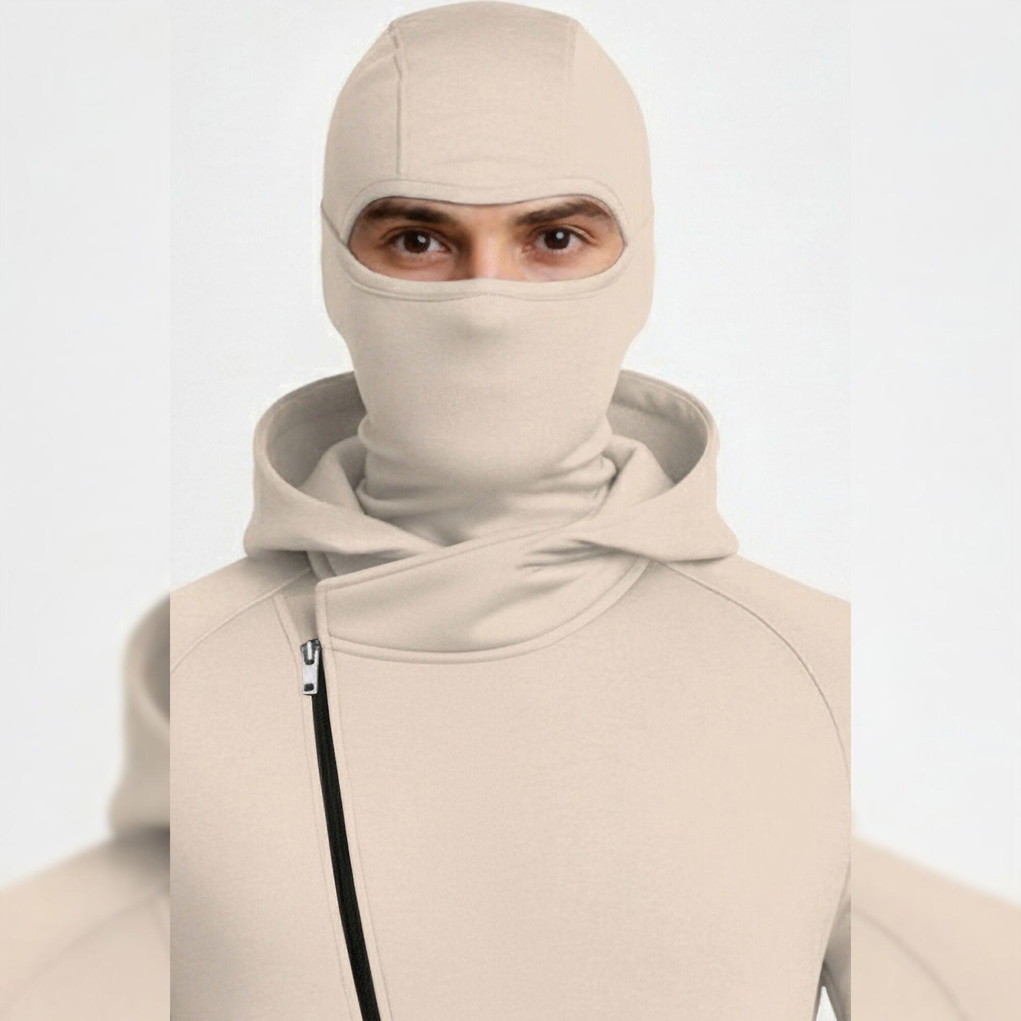 Mens Winter Full Mask Warm Cross Zip-Up Hooded Jacket Beige