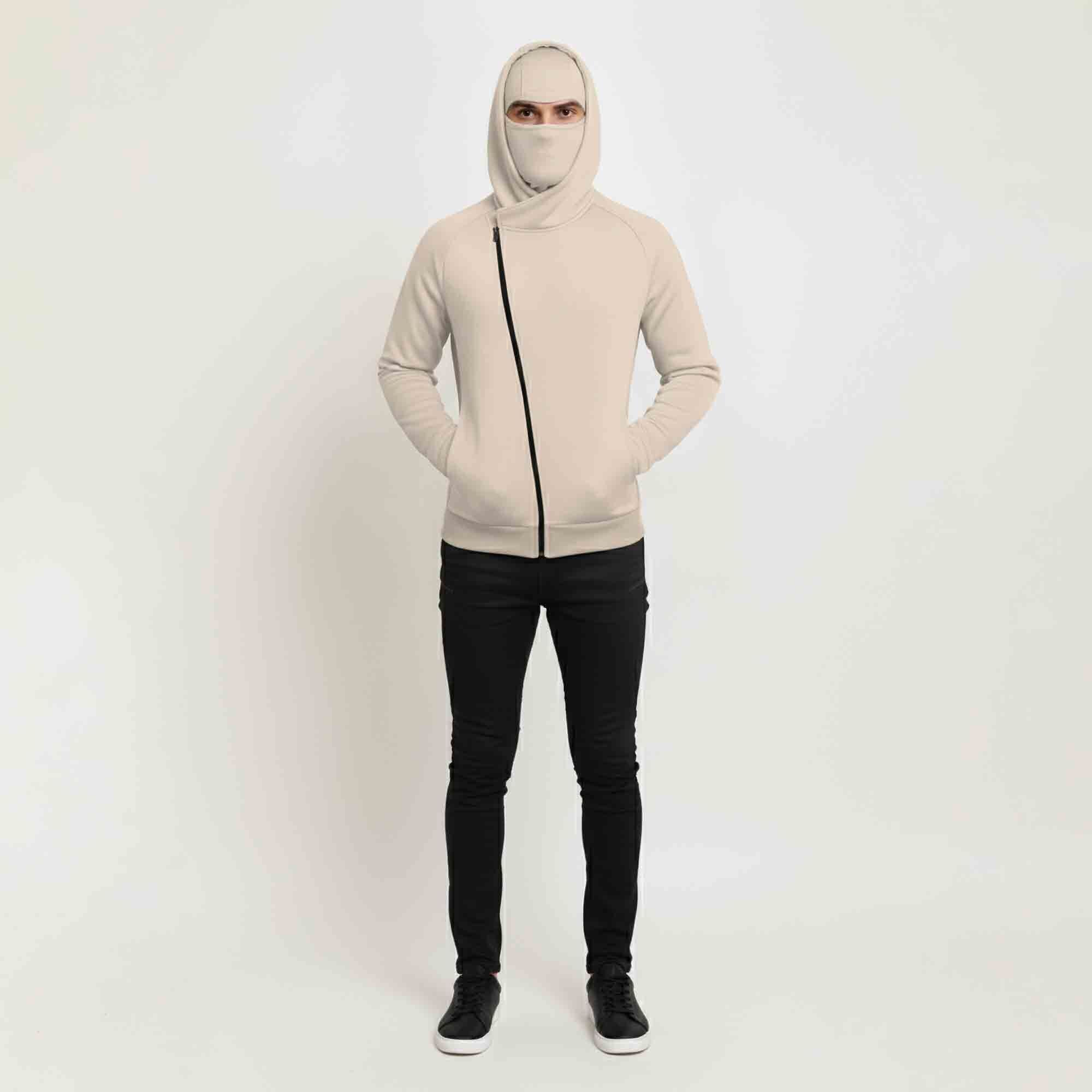 Mens Winter Full Mask Warm Cross Zip-Up Hooded Jacket Beige