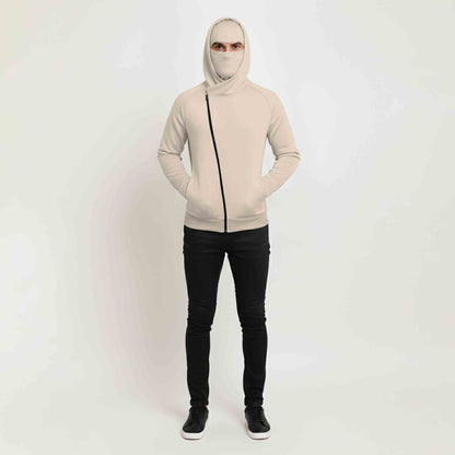 Mens Winter Full Mask Warm Cross Zip-Up Hooded Jacket Beige