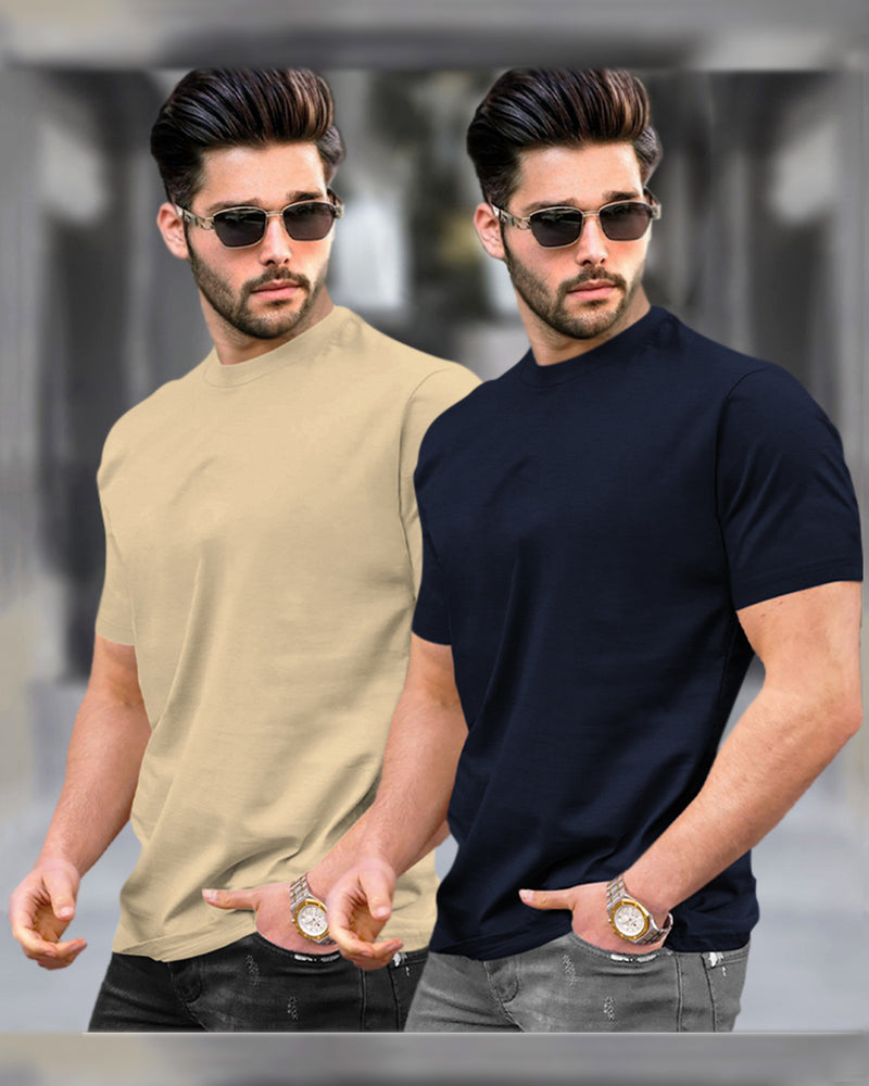 Mens Half Sleeve Plain Round Neck T-shirts (Pack Of 2) / Beige & Navyblue