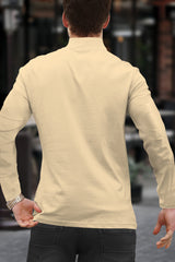 Men Solid Zip Neck Beige T-Shirt