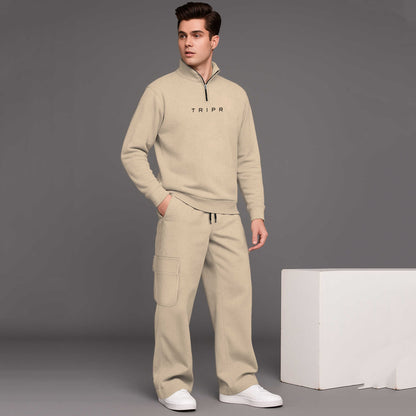 High Neck Beige Sweatshirt with Baggy Cargo Tracksuit
