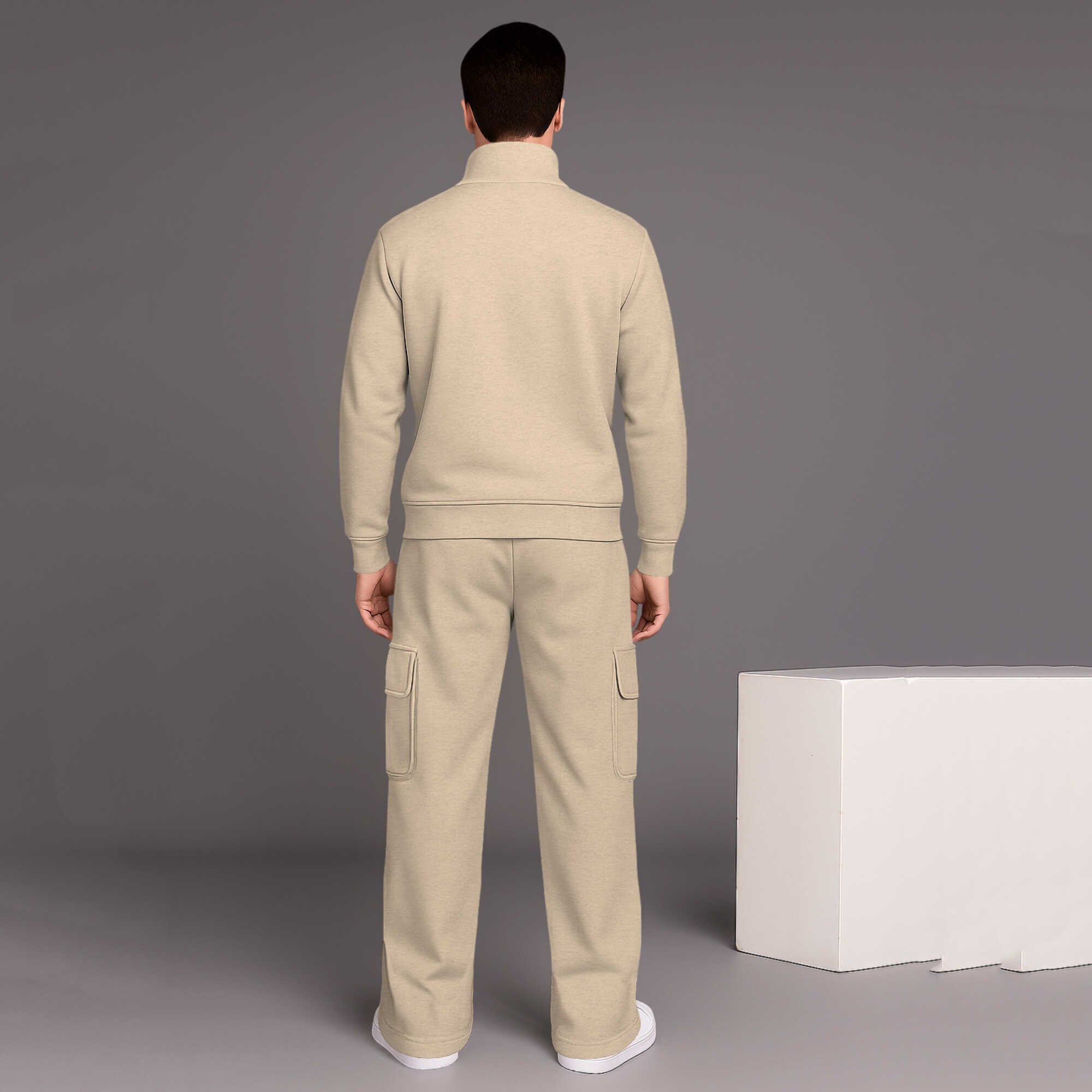 High Neck Beige Sweatshirt with Baggy Cargo Tracksuit