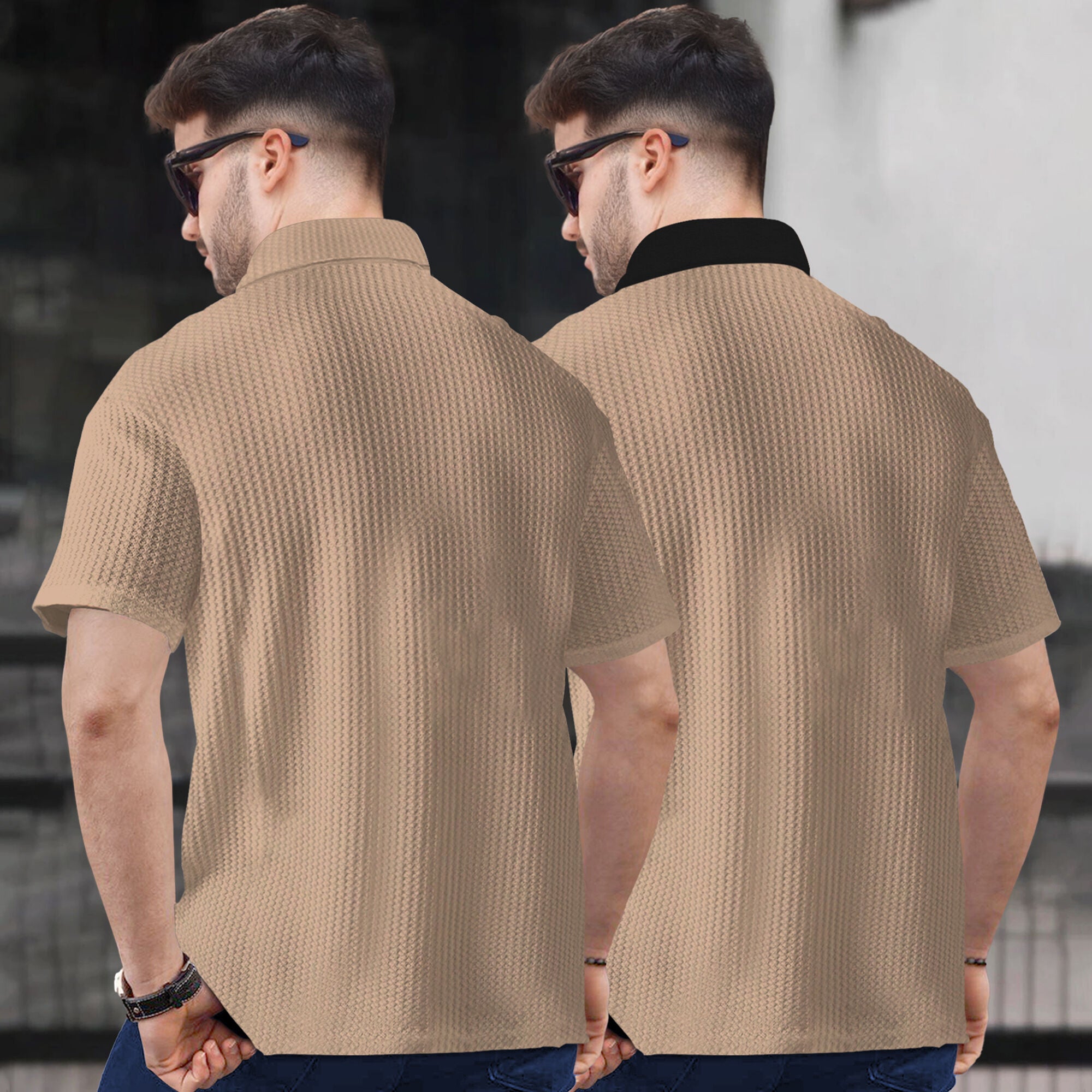 (Pack Of 2) Polo Waffle Beige Textured T-shirts