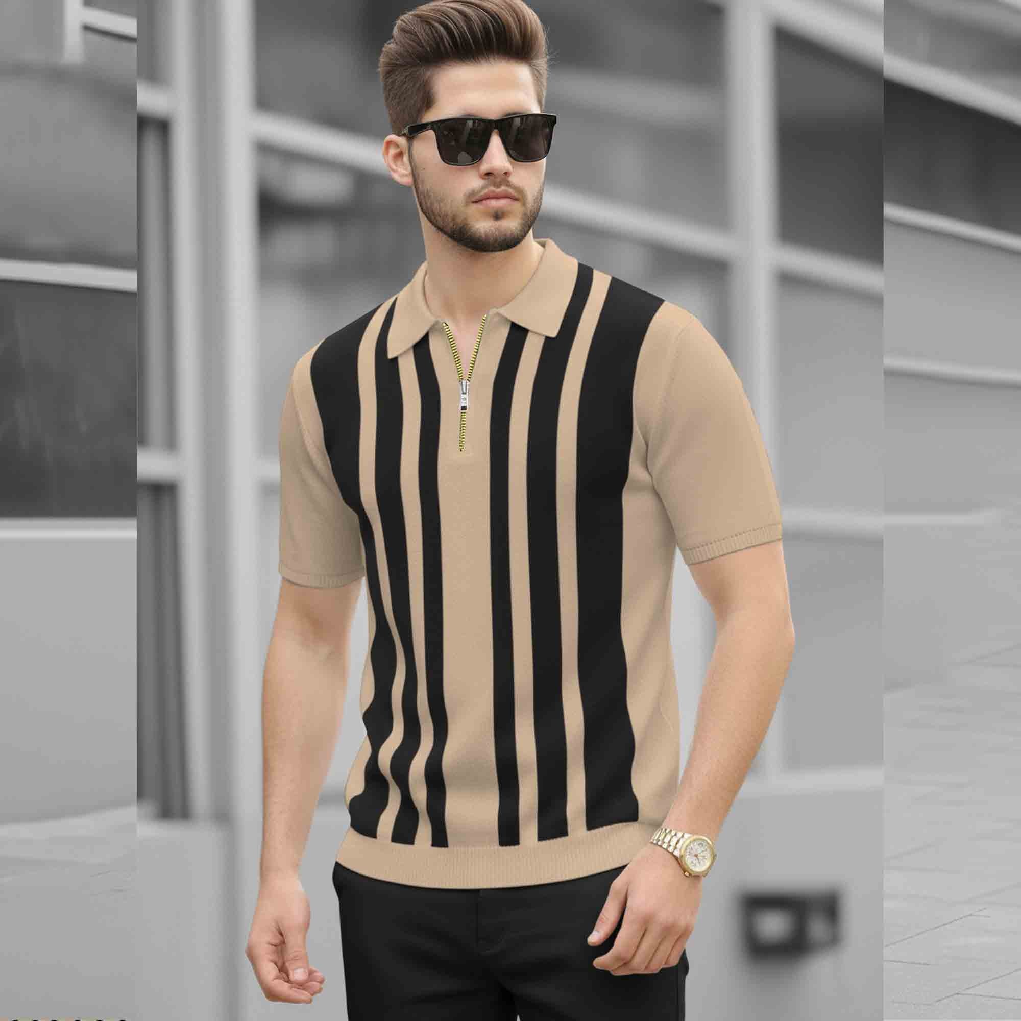 Men Quarter Zip Polo Neck Vertical Striped Half Sleeve T-shirt Beige