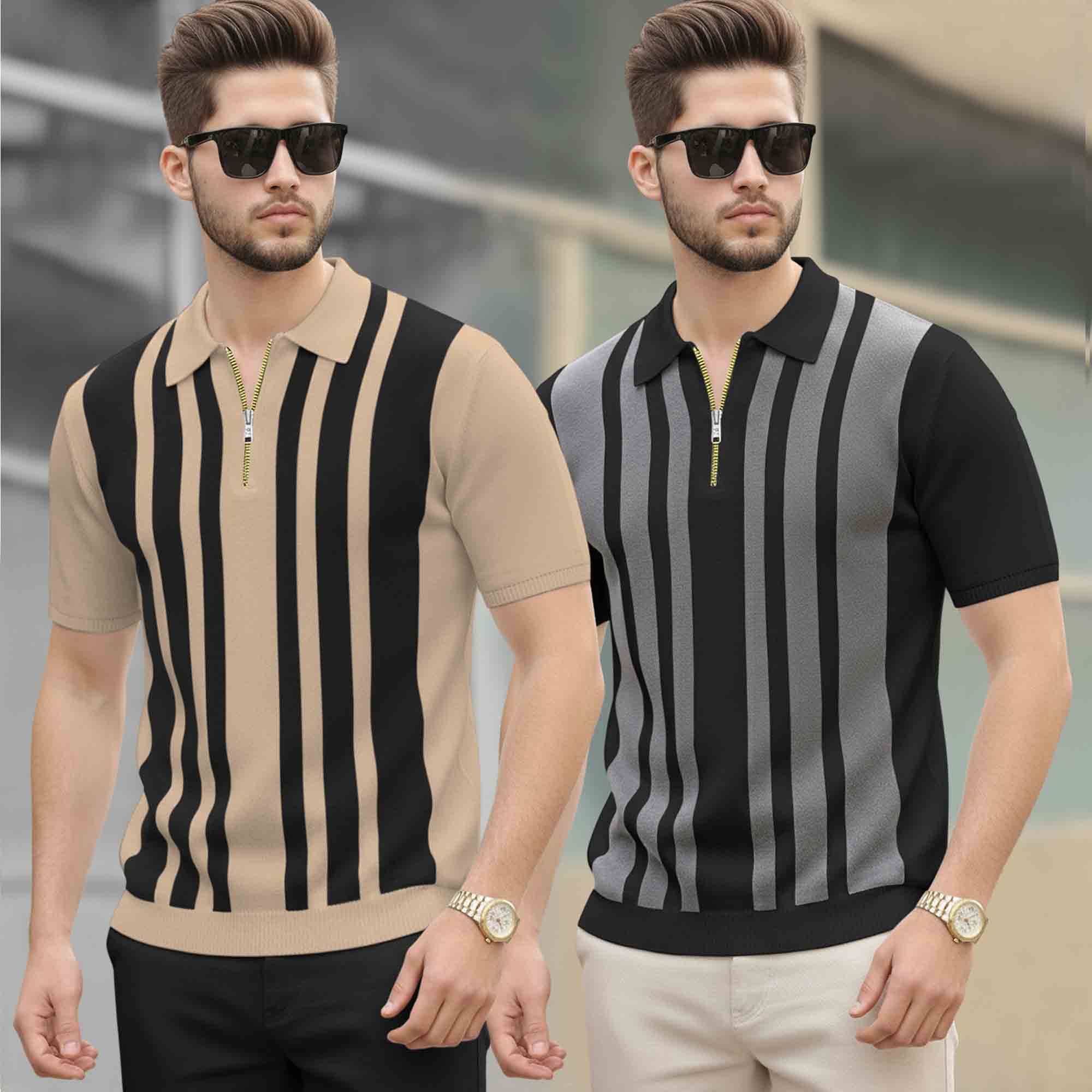 (Pack Of 2) Quarter Zip Polo Neck Printed Tshirts - 12 Variants