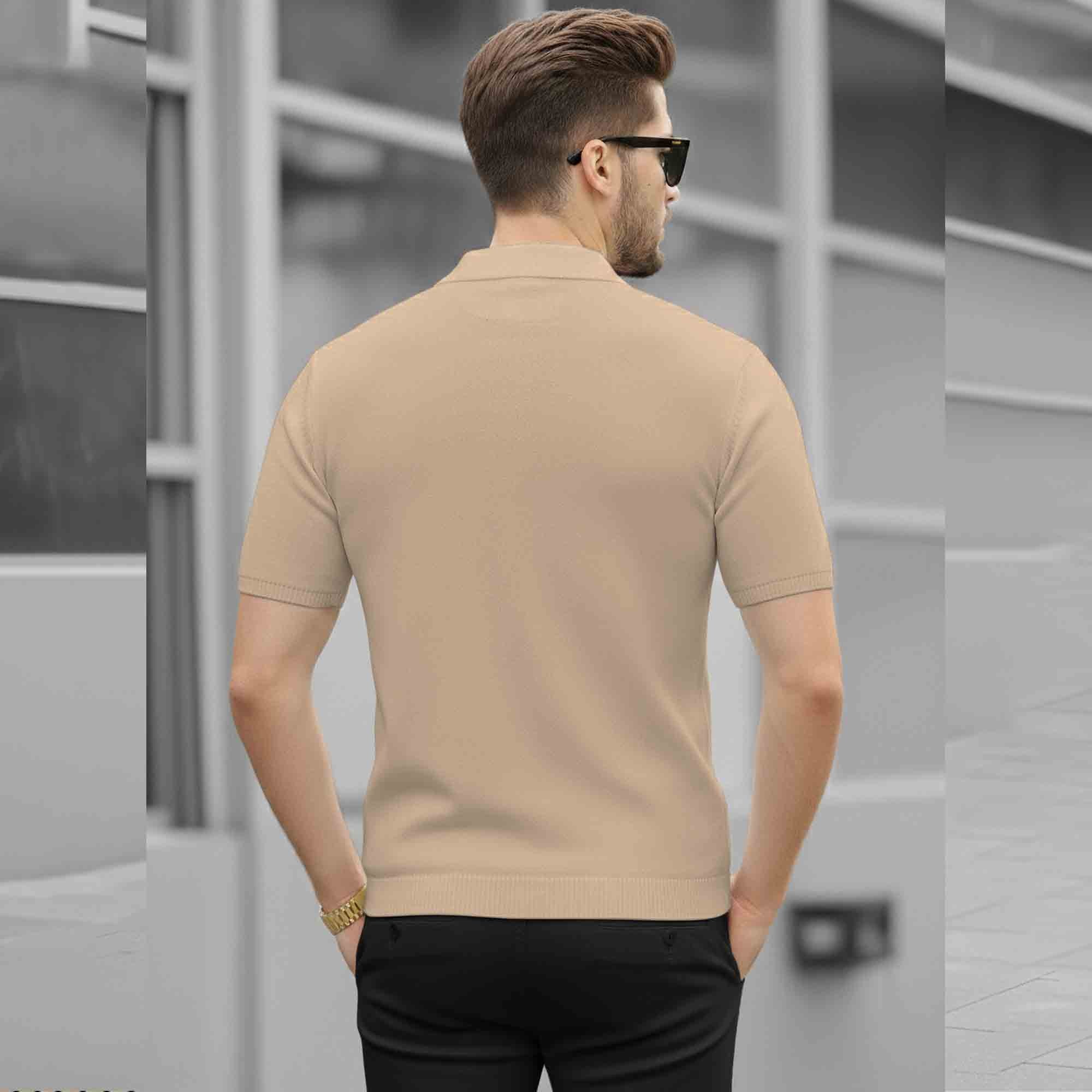 Men Quarter Zip Polo Neck Vertical Striped Half Sleeve T-shirt Beige
