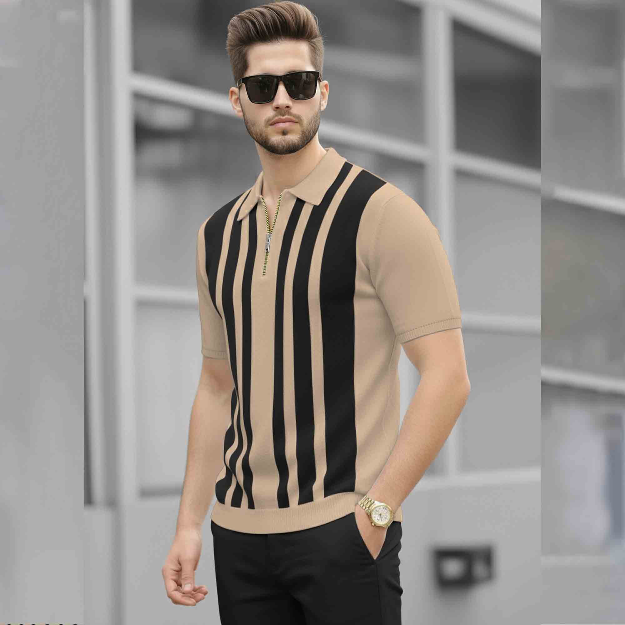 Men Quarter Zip Polo Neck Vertical Striped Half Sleeve T-shirt Beige