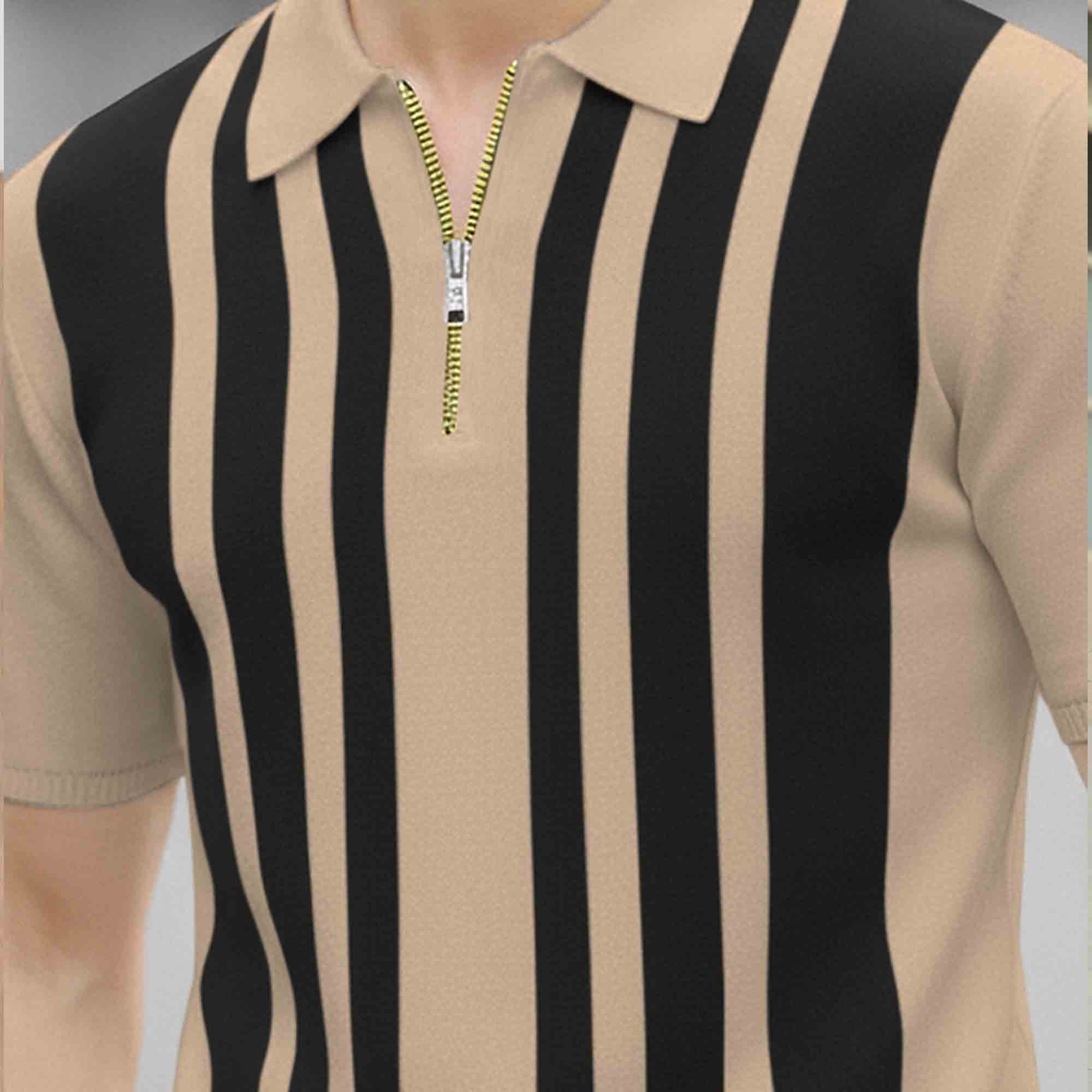 Men Quarter Zip Polo Neck Vertical Striped Half Sleeve T-shirt Beige