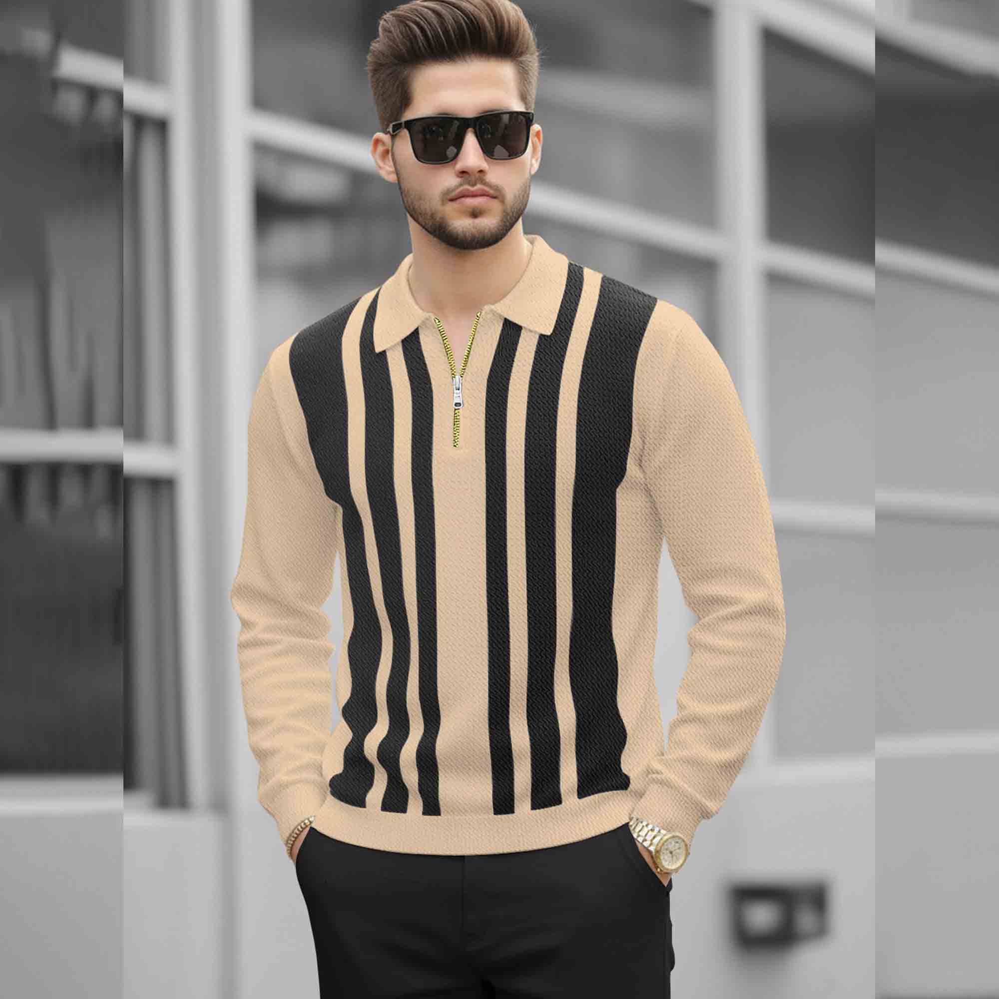 Men Quarter Zip Polo Neck Vertical Striped Full Sleeve T-shirt Beige