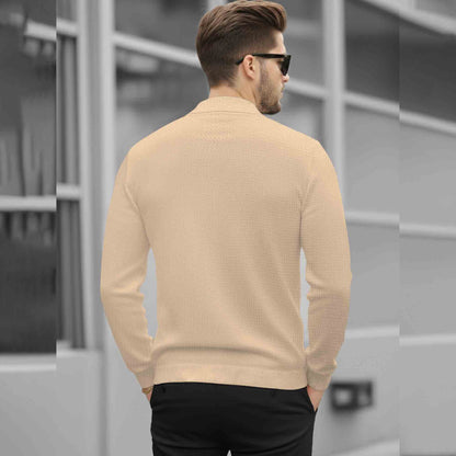 Men Quarter Zip Polo Neck Vertical Striped Full Sleeve T-shirt Beige