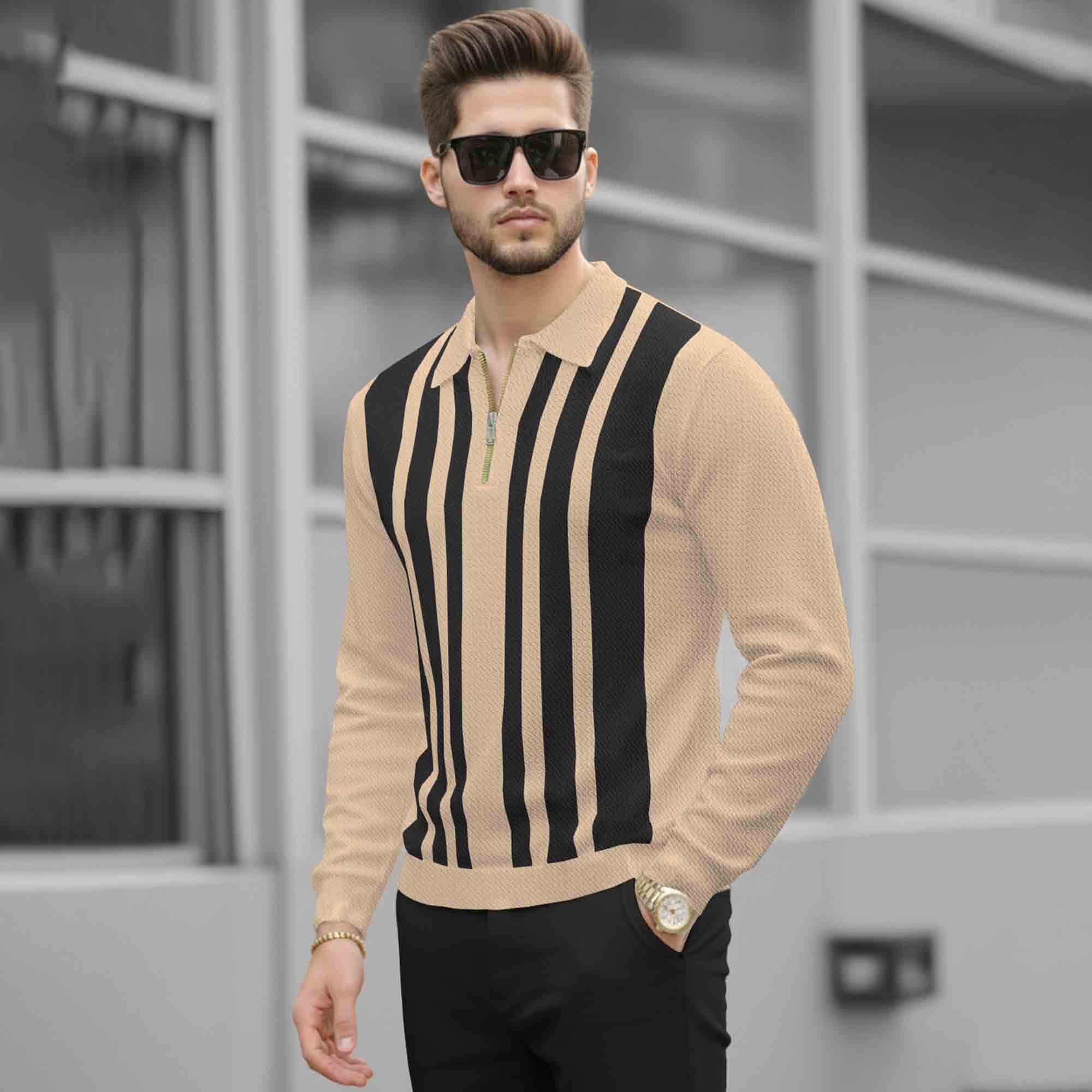 Men Quarter Zip Polo Neck Vertical Striped Full Sleeve T-shirt Beige