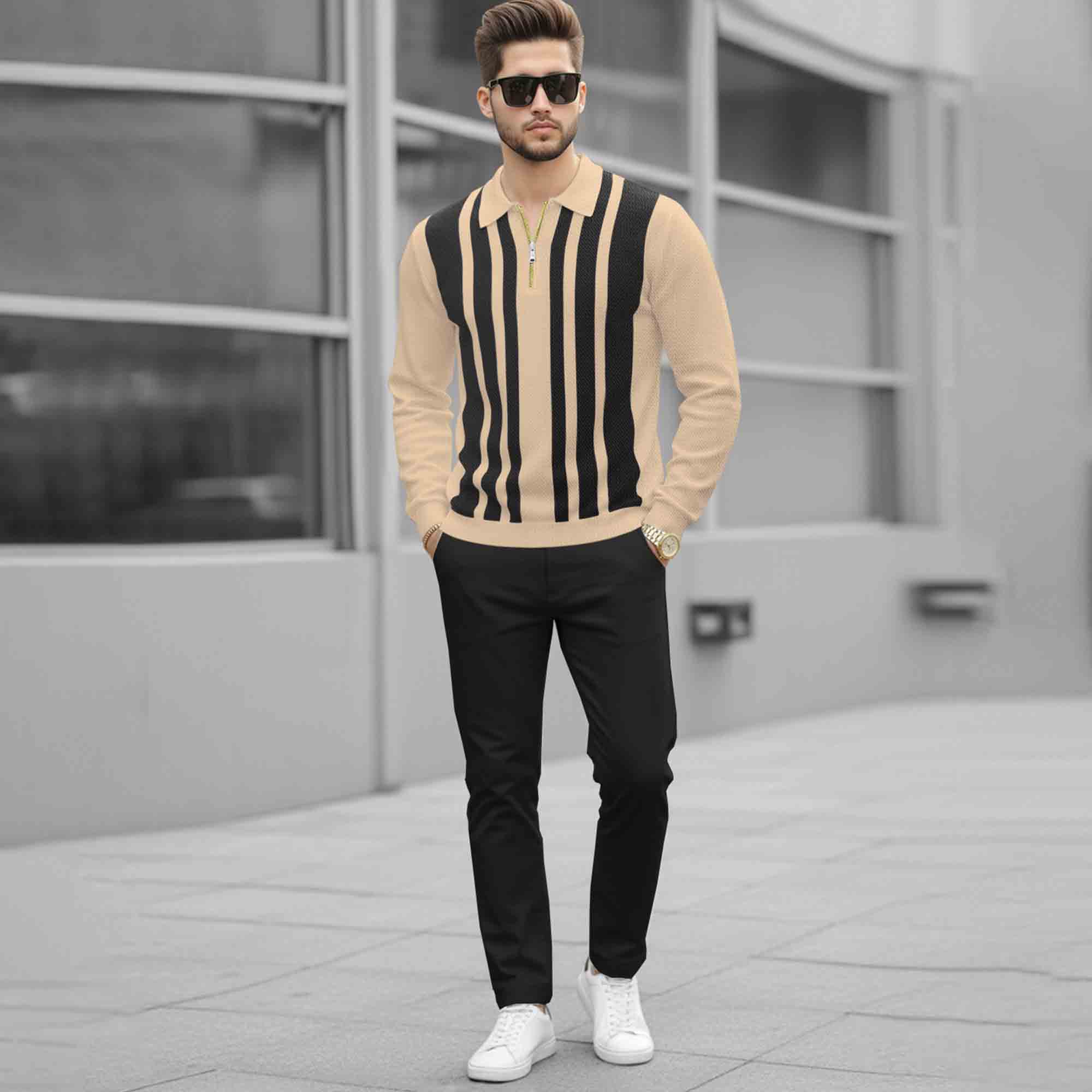 Men Quarter Zip Polo Neck Vertical Striped Full Sleeve T-shirt Beige