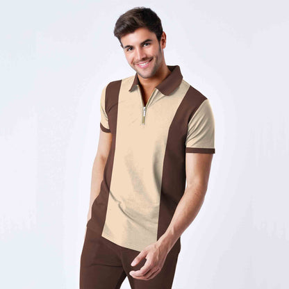 Men’s Dual Tone Polo T-Shirt with Zip Collar Beige