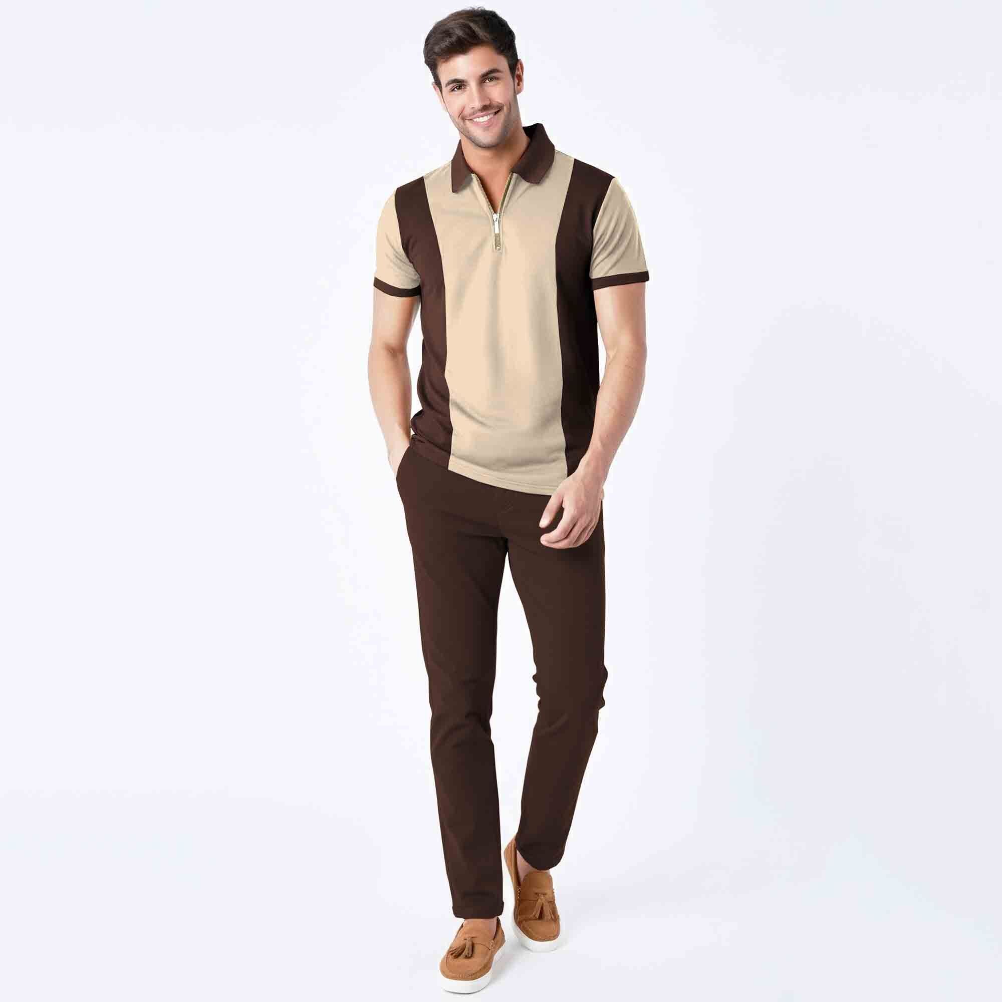 Men’s Dual Tone Polo T-Shirt with Zip Collar Beige