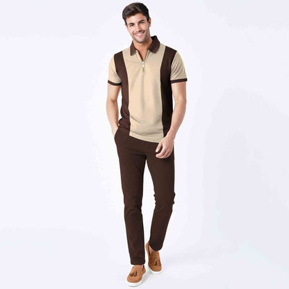 Men’s Dual Tone Polo T-Shirt with Zip Collar Beige