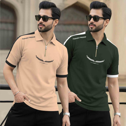 (Pack Of 2) Quarter Zip Polo Neck Printed Tshirts - 12 Variants